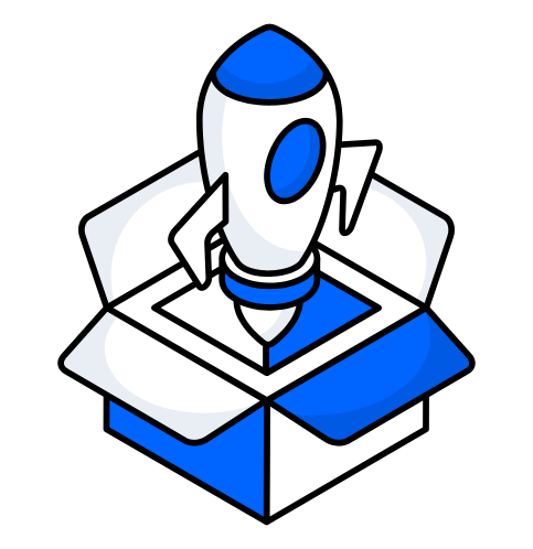 Icon of a blue and white rocket emerging from an open box, symbolizing innovative SEO solutions and business growth