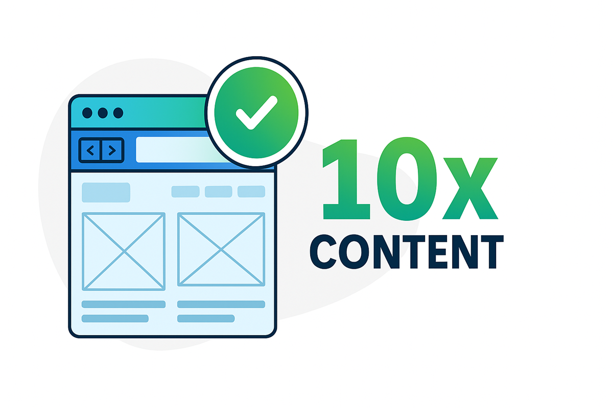 10x Content Strategy – กลยุทธ์เนื้อหาคุณภาพสูงสำหรับ SEO เว็บไซต์แสดง 10x Content Strategy พร้อมเครื่องหมายถูกสีเขียว เพื่อการเพิ่มประสิทธิภาพเนื้อหาและ SEO