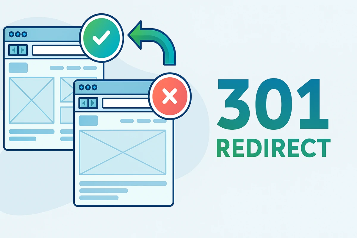 การ 301 redirect แสดงการย้ายเว็บไซต์จากหน้าเก่าไปหน้าใหม่ พร้อมไอคอนสีเขียวและแดงบ่งบอกสถานะ