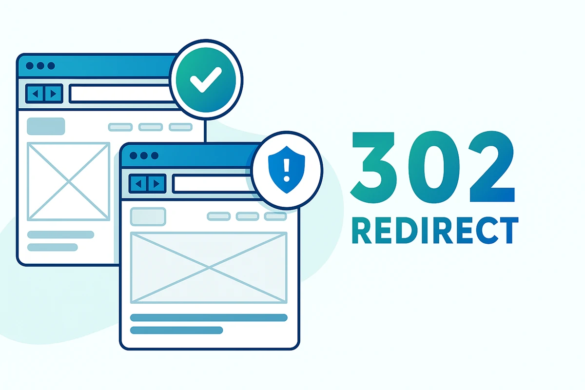การ 302 redirect แสดงเว็บไซต์สองหน้า พร้อมไอคอนโล่เตือนสีน้ำเงินบ่งบอกการเปลี่ยนเส้นทางชั่วคราว