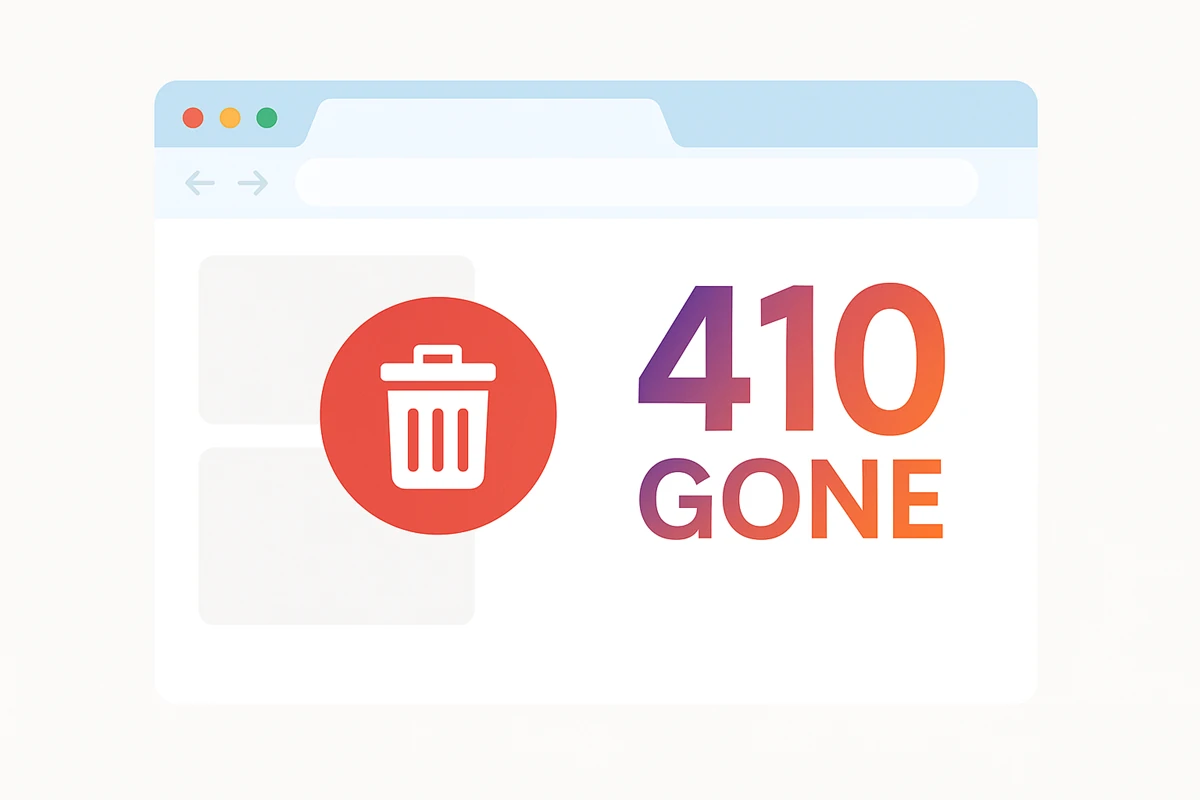 410 Gone – เนื้อหาถูกลบแบบถาวร หน้าเว็บแสดง 410 Gone พร้อมไอคอนถังขยะสีแดง บ่งบอกเนื้อหาที่ถูกลบแบบถาวร