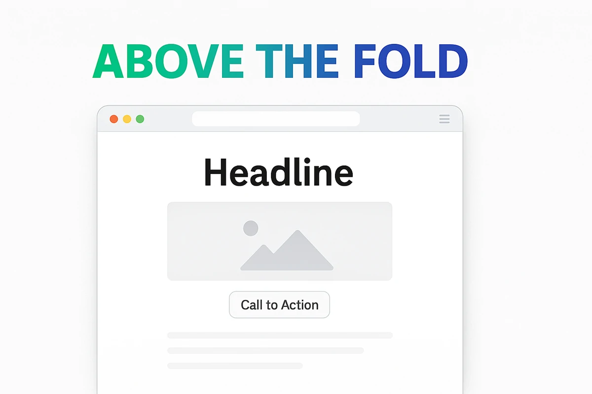 Above the Fold – Critical Website Design Area for User Engagement Above the fold website design concept showing browser window with headline, hero image placeholder, and call to action button