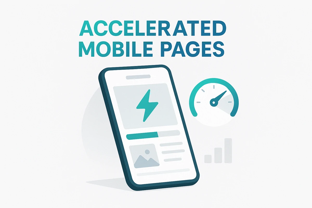 AMP Technology – Faster Mobile Page Loading Performance Accelerated Mobile Pages (AMP) illustration featuring smartphone with lightning bolt icon and speed gauge meter