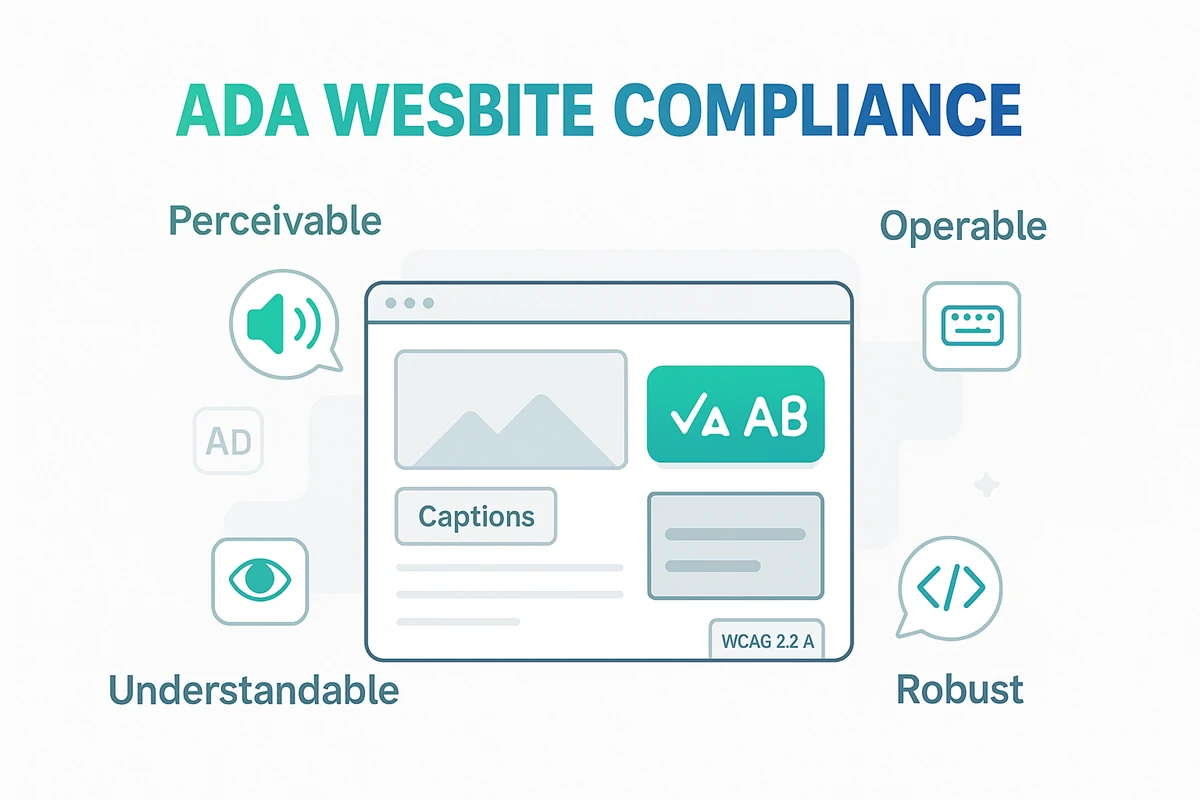 ADA Compliance – Web Accessibility Standards Implementation ADA website compliance illustration showing four accessibility principles: Perceivable, Operable, Understandable, and Robust with relevant icons