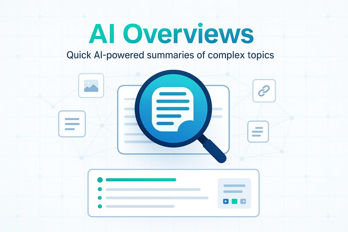 AI Overviews – Quick AI-Powered Topic Summaries Magnifying glass with document icon analyzing multiple content sources, displaying bullet-pointed summary panel below, representing AI-powered quick summaries of complex topics