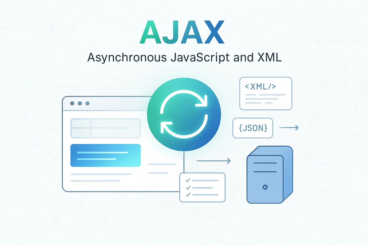 Browser interface with circular refresh arrows connecting to XML and JSON code blocks and server, illustrating AJAX asynchronous JavaScript and XML web technology for dynamic content loading