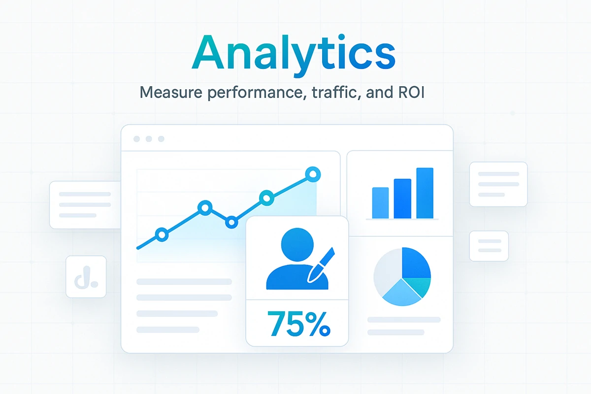 Analytics Dashboard for Performance, Traffic and ROI Measurement Analytics dashboard interface showing line graph with upward trend, bar charts, pie chart, and 75% metric with user icon, surrounded by document elements representing comprehensive performance, traffic, and ROI measurement tools