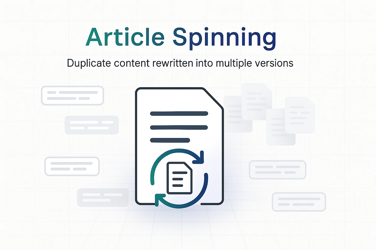 Central document with circular refresh arrows and smaller document icon, surrounded by multiple content blocks representing article spinning process that rewrites duplicate content into multiple versions
