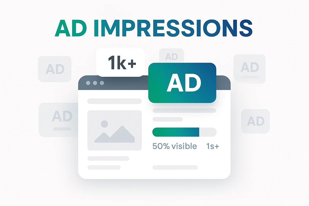 Digital Ad Impressions – Measuring Advertisement Visibility Metrics Digital advertising impressions concept showing browser with highlighted ad placement reaching 1k+ impressions at 50% visibility